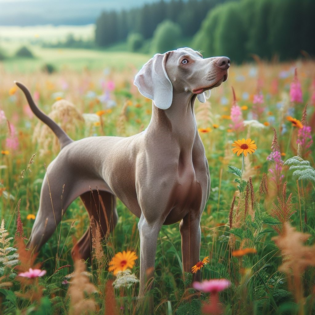 A sleek, silver-gray Weimaraner dog standing proudly, with a noble expression and alert posture.